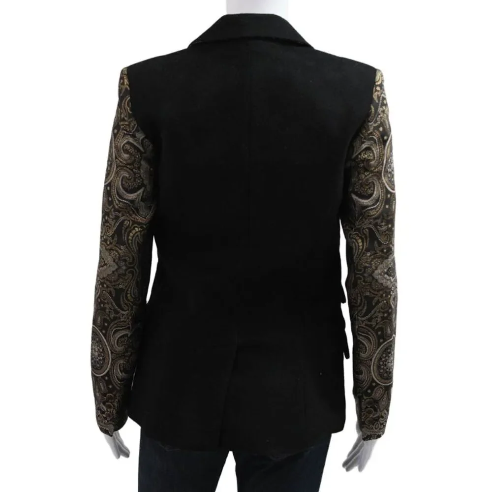 Laveer Women Black Paisley Wool Blazer Collared Button Long Sleeve Size 2